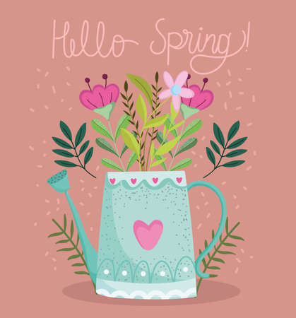 hello spring watering can flowers foliage nature vector illustrationのイラスト素材