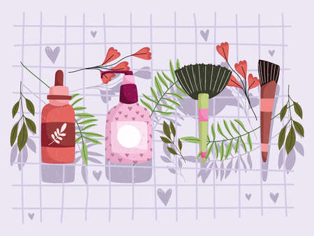 beauty products of natural skin care, floral and herbal decoration vector illustrationのイラスト素材