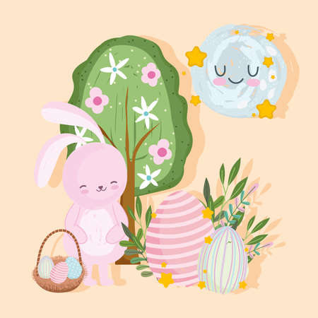 happy easter cartoon bunny decorative eggs tree cute vector illustrationのイラスト素材