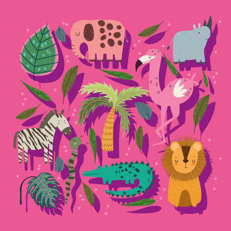 cute cartoon jungle animals palm tree and leaves over pink background vector illustrationのイラスト素材