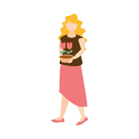 young woman holding potted flowers gardening vector illustration icon on white backgroundのイラスト素材