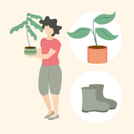 gardening, woman with plant in hands boots and potted plant icons vector illustrationのイラスト素材