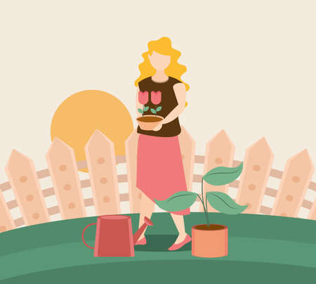 young woman with potted flowers and watering can in yard gardening vector illustrationのイラスト素材