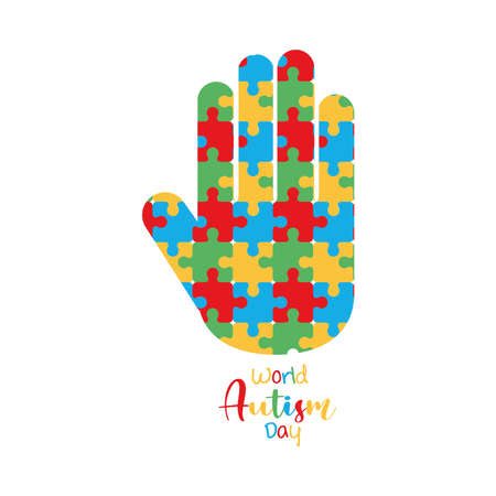 autism awareness day colored puzzle shaped a hand vector illustrationのイラスト素材
