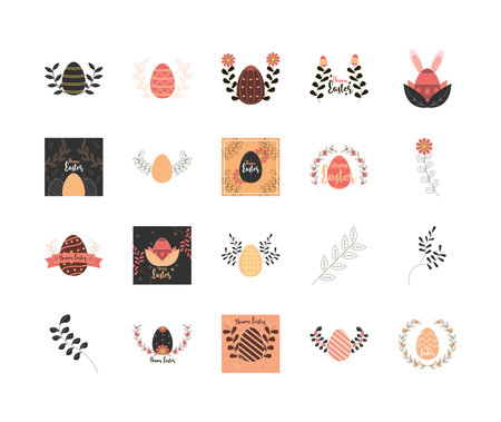 set happy easter icon of egg decoration flowers leaves nature vector illustrationのイラスト素材