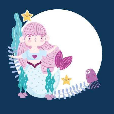 Mermaid jellyfish starfishes seaweed vector illustration cartoonのイラスト素材