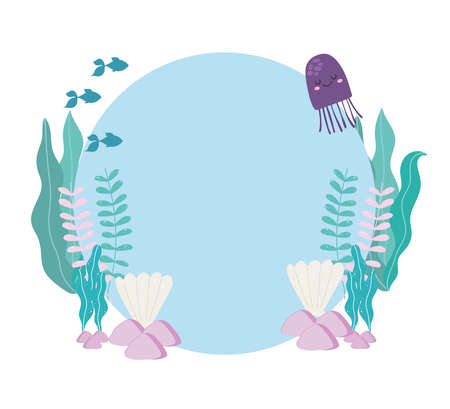 sea fishes jellyfish seashells algaes stones vector illustration cartoon