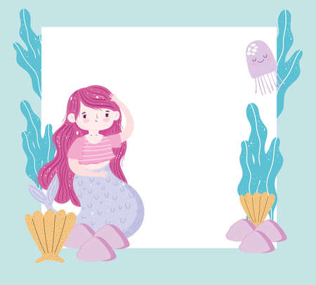 Mermaid with red hair and sea animal theme with blank banner cartoon style vector illustrationのイラスト素材
