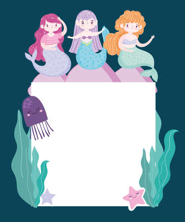 Cute Mermaids cartoon sitting on stones blank card template vector illustration cartoonのイラスト素材
