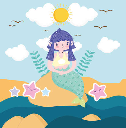 Cute Mermaid sitting on sand beach sky seagulls and stars vector illustration cartoonのイラスト素材