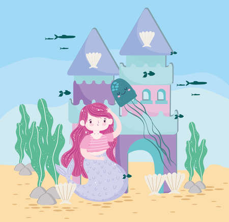 Mermaid with castle jellyfish fishes bottom on the sea vector illustration cartoonのイラスト素材