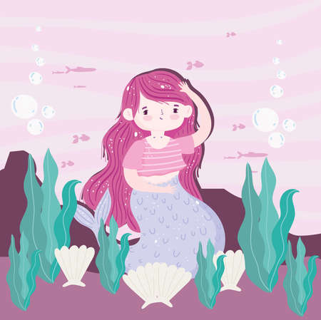 Mermaid seashells seaweeds bottom ocean vector illustration cartoonのイラスト素材