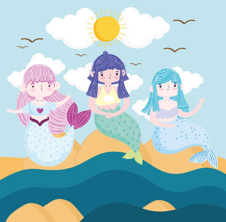 Cute Mermaids sitting on the beach cartoon vector illustration cartoonのイラスト素材