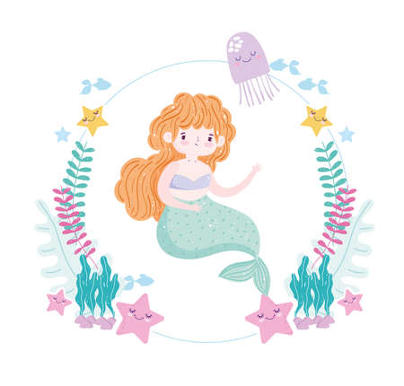 Mermaid with cute starfish jellyfish seaweed and fishes vector illustration cartoonのイラスト素材