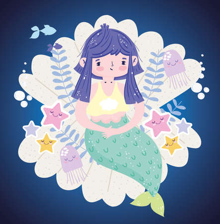 Mermaid sitting in seashell with starfishes jellyfish vector illustration cartoon vector illustration cartoonのイラスト素材