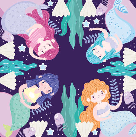 Cartoon Mermaids cute underwater seaweed seashells vector illustration cartoonのイラスト素材
