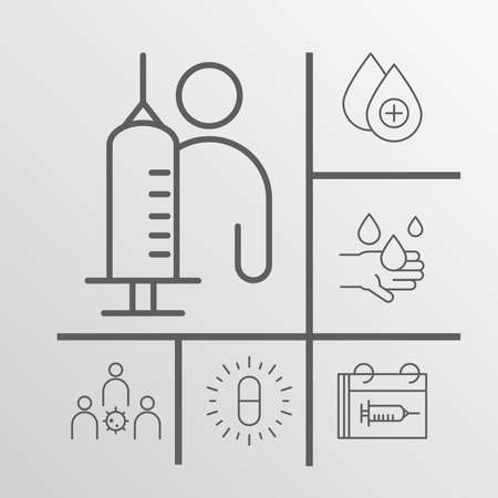 set vaccine science medical syirnge medicine calendar vector illustration line iconのイラスト素材