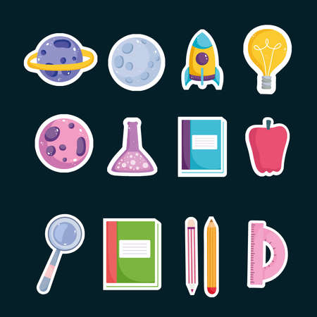 set school education book pencil science apple and protractor icons vector illustrationのイラスト素材