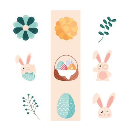 set easter rabbits eggs flower basketのイラスト素材