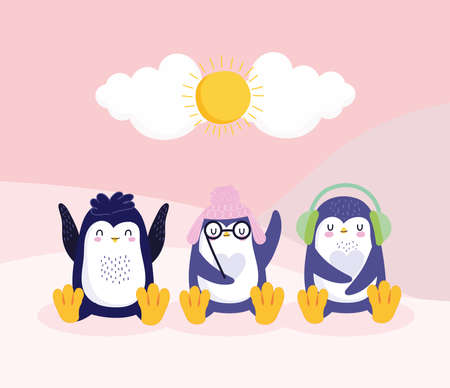 cute penguins little hats earmuffsのイラスト素材