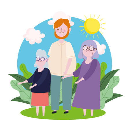 man grandmothers cartoon family outdoorのイラスト素材
