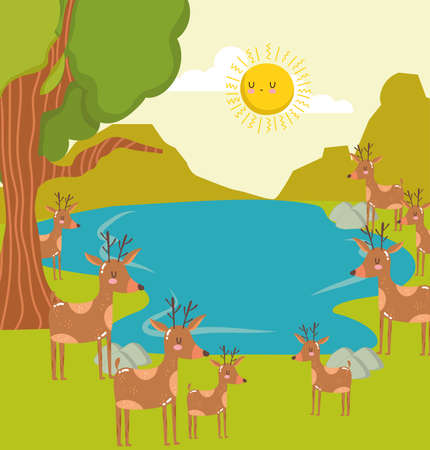 Animals deers lagoon trees sceneのイラスト素材
