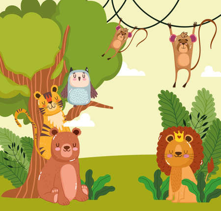 Animals tree nature foliage cartoonのイラスト素材