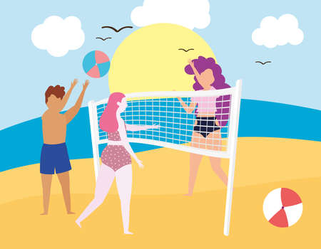 people playing beach with ballのイラスト素材