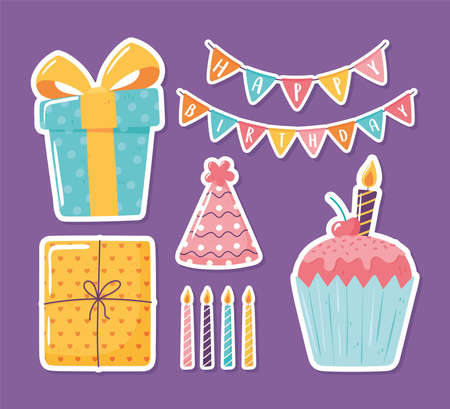 happy birthday gift hat cupcakeのイラスト素材