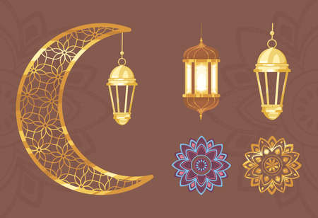 moon lantern mandala decoration setのイラスト素材