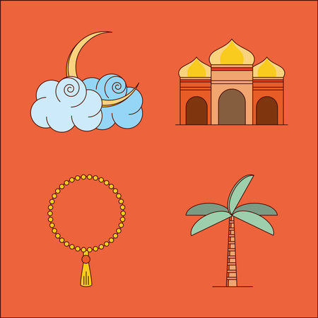 set mosque rosary palm moonのイラスト素材