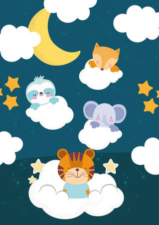 elephant tiger fox moon cloudsのイラスト素材
