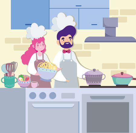 chefs preparing recipe noodles cookingのイラスト素材