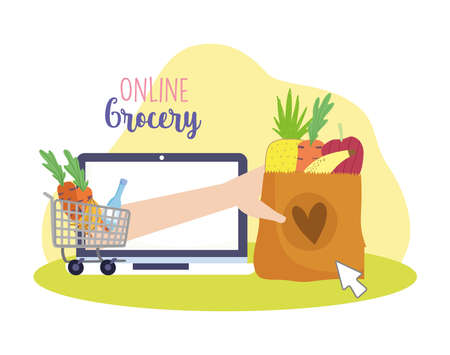 online grocery laptop fresh foodのイラスト素材