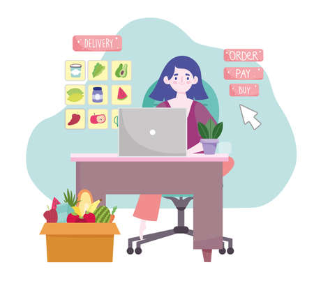 woman order grocery from computerのイラスト素材