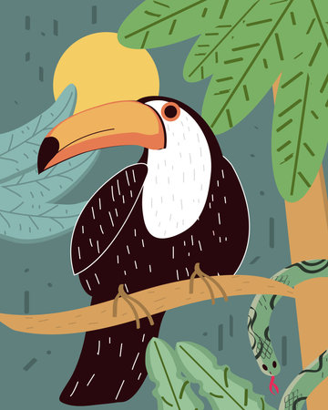 toucan tree branch jungle tropicalのイラスト素材
