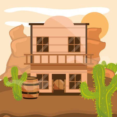 west saloon building barrel cactusのイラスト素材