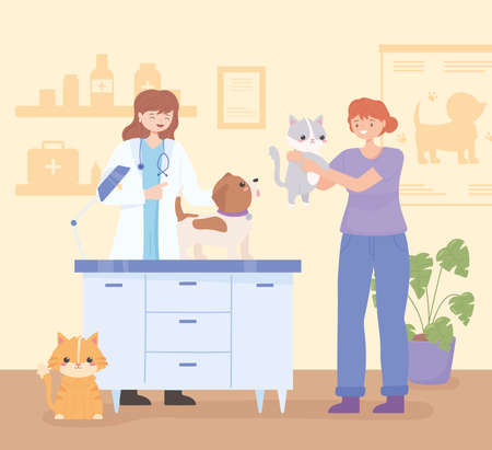 veterinarian doctor animals and womanのイラスト素材