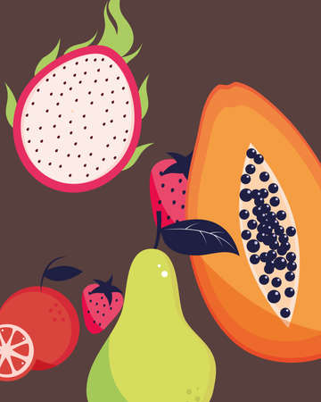 tropical fruits papaya pear pitayaのイラスト素材