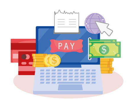 online payment button using laptopのイラスト素材