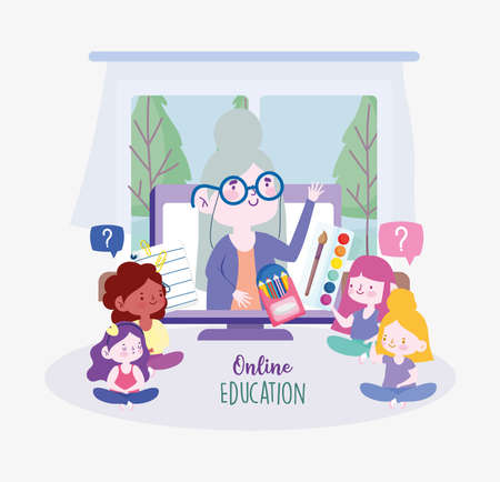 online education students virtual classroomのイラスト素材