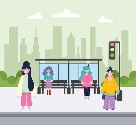 women waiting street urban sceneのイラスト素材