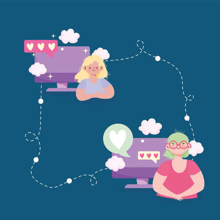 women computer connected by internetのイラスト素材