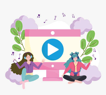 happy girls characters listening musicのイラスト素材