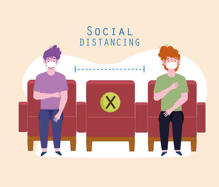 physical distancing sitting in public chairのイラスト素材