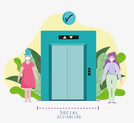 people waiting elevator, maintain social distancing