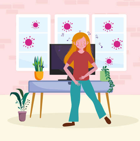 woman listening music at homeのイラスト素材