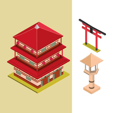 japanese building gate lamp isometricのイラスト素材
