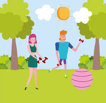 couple trainig outdoors with dumbbellsのイラスト素材