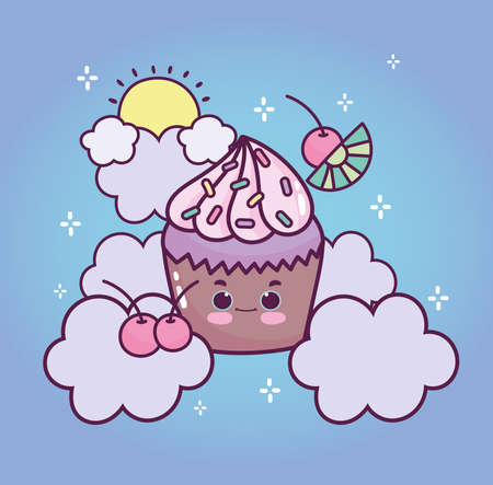 cute cupcake sky sun clouds cartoonのイラスト素材